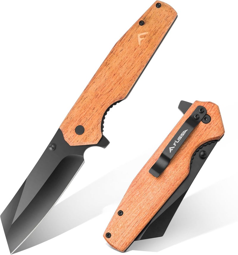 FLISSA Folding Knife, 4-3/4" Reverse Tanto Folding Pocket Knife, Black Stonewash Blade, Wood Handle, for Hunting, Survival, Camping and Outdoor Activities, Great Gifts for Dad, Husband, Friend - Image 1